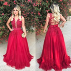Sheer Plunging Neck Long Prom Dress with Beads