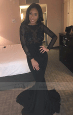 Lace Backless Black Prom Dress Sexy Long Sleeves Mermaid Evening Gown