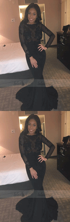 Lace Backless Black Prom Dress Sexy Long Sleeves Mermaid Evening Gown