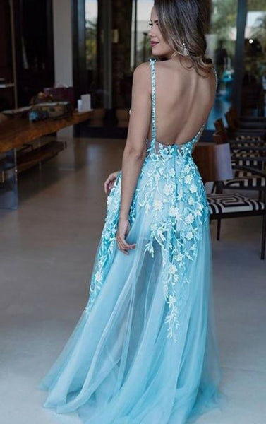 Spaghetti Straps Blue Long Prom Dress Appliques Evening Gowns Backless, BW97620