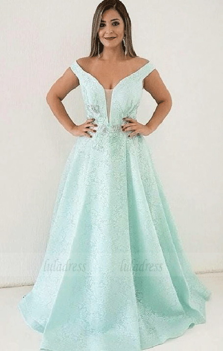 Off Shouder Mint Green Lace A Line Prom Dress,BW97550