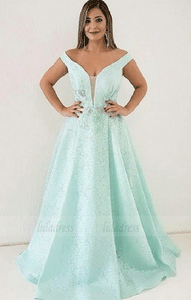 Off Shouder Mint Green Lace A Line Prom Dress,BW97550