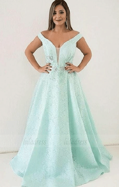 Off Shouder Mint Green Lace A Line Prom Dress,BW97550