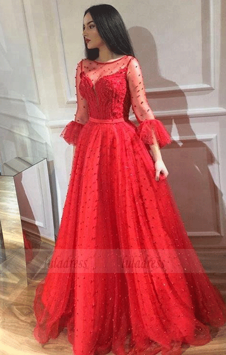 Long Sleeves Round Neck Beaded Floor Length Prom Dresses, BW97706