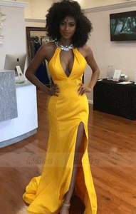 Sexy Backless Yellow Mermaid Prom Dresses, BW97623