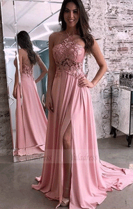Sexy Pink Halter Lace Appliques Prom Dresses, BW97624
