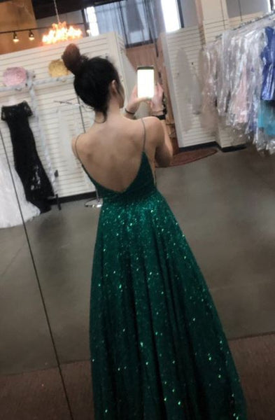 A Line V Neck Spaghetti Straps Backless Dark Green Prom Dresses, BW97595