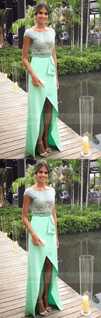 Beading Bodice Backless Prom Long Dresses with Cap Sleeves
