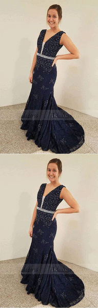Mermaid V-Neck Sweep Train Lace Prom Dress with Beading,BD98478