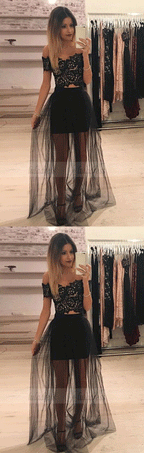 Off-Shoulder Black Tulle 2 Piece Prom Long Dress with Lace