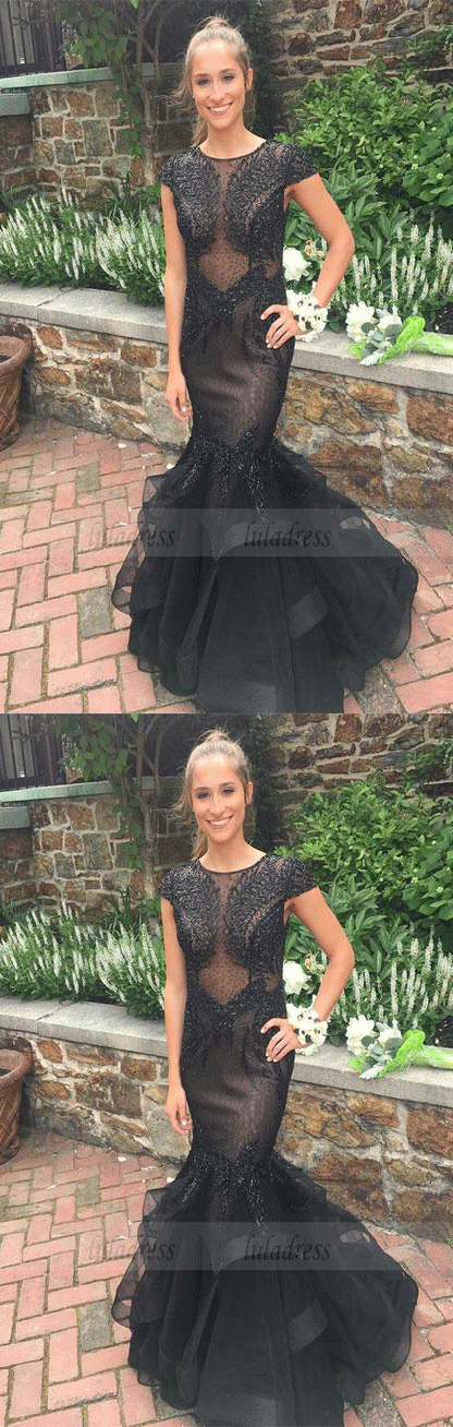 Luxury Mermaid Prom Dress ,Beaded Cap Sleeves Evening Dresses, Long Formal  Party Gowns
