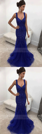 Backless Long Crystal Beaded Mermaid Prom Dresses