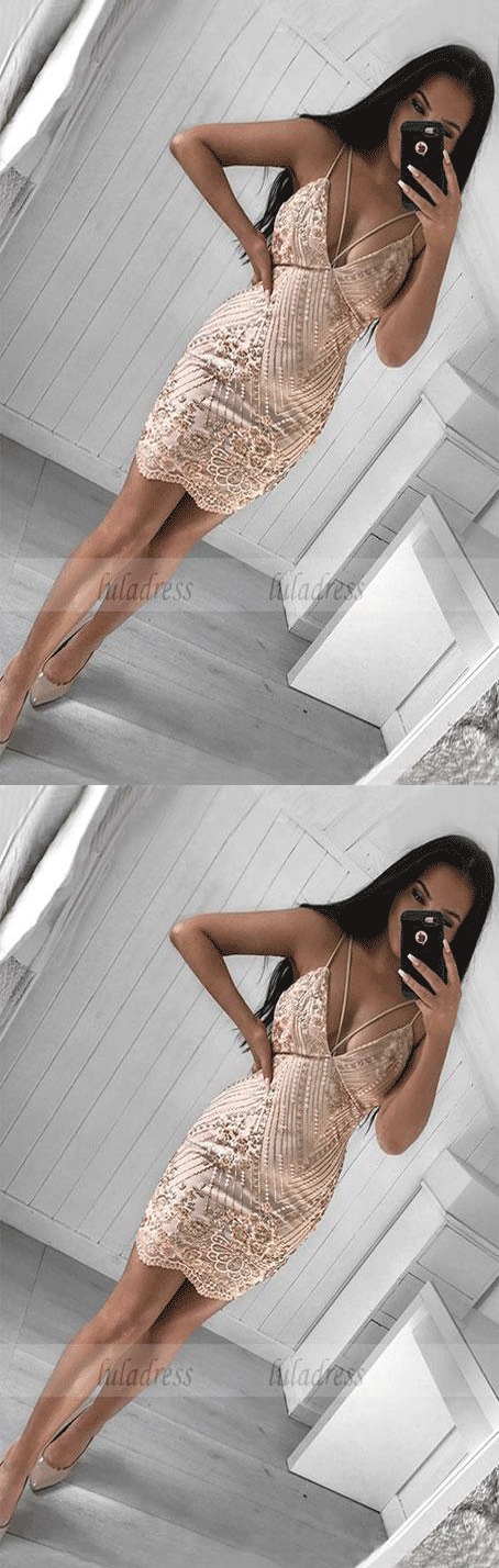 Spaghetti Straps Short  Prom Homecoming Dress with Sequins