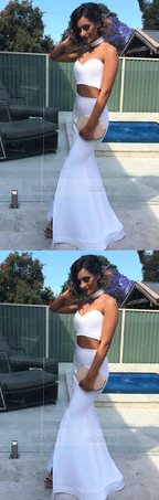 Sexy Two Piece White Mermaid Long Prom Dress Evening Dress