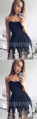 A-Line Sweetheart Short Black Homecoming Dress with Appliques Pleats