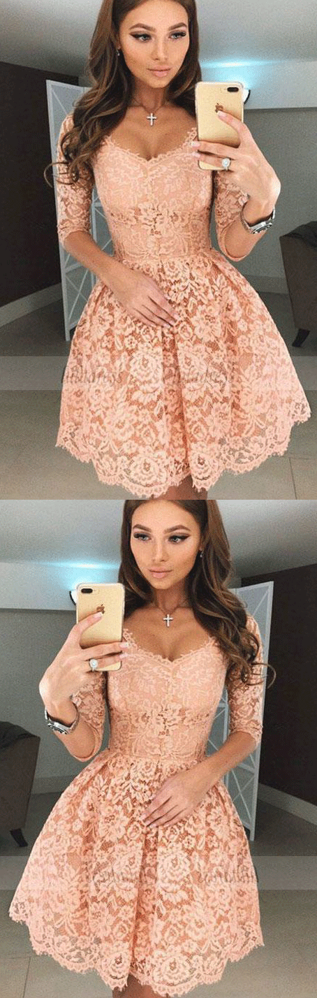 A-Line Scoop Half Sleeves Short Apricot Lace Homecoming Dresses