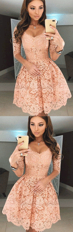 A-Line Scoop Half Sleeves Short Apricot Lace Homecoming Dresses