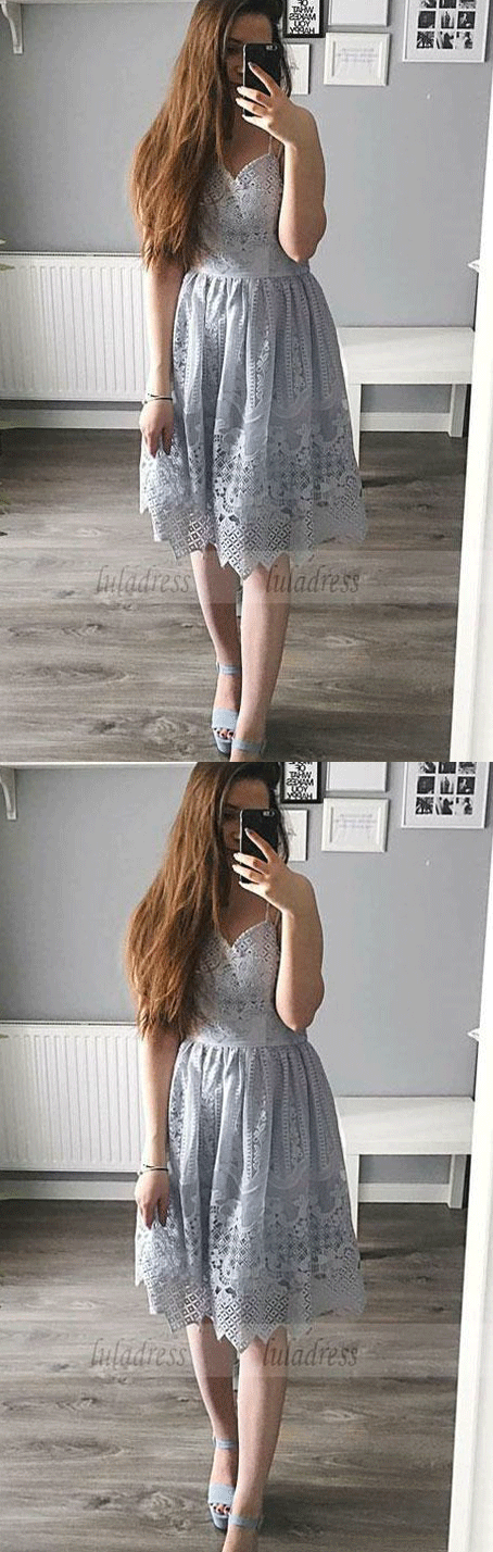 A Line Spaghetti Straps Knee Length Blue Lace Homecoming Dresses luladress