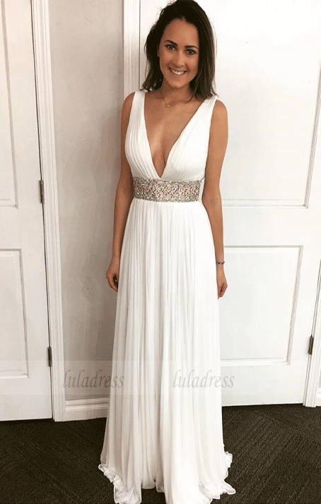 Deep V Neck White Long Prom Dress Party Dress,BD99937