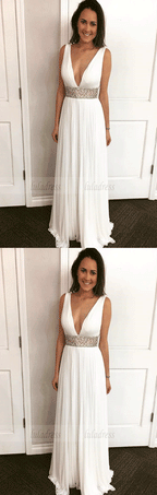 Deep V Neck White Long Prom Dress Party Dress