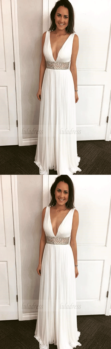 Deep V Neck White Long Prom Dress Party Dress