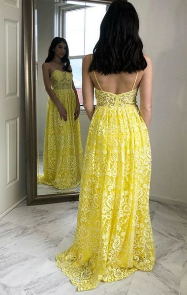 Yellow Lace Prom Dresses Spaghetti Straps Long Evening Party Dresses, BW97619