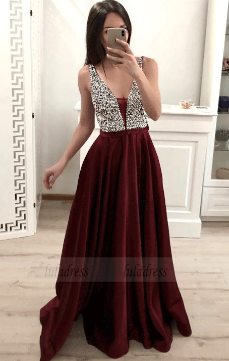 A Line Sleeveless Long Prom Dress with Beading,BW97542