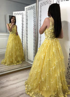 Sleeveless Appliques A Line Long Prom Dresses