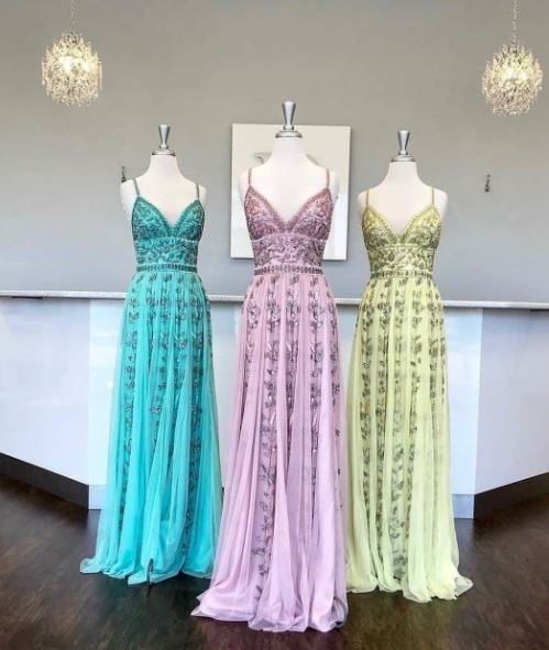 A-Line Spaghetti Straps Beading Prom Dress Floor Length Prom Dress,BW97388