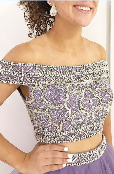 Lavender Long Prom Dress, Two Piece Prom Dress, Off the Shoulder Prom Dress, BW97656