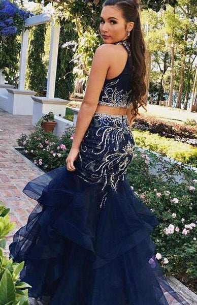 Lavish Rhinestones Two Piece Mermaid Prom Dresses with Tulle Skirt, BW97575