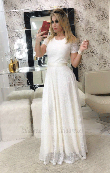 Lace Long Prom Dress,White Evening Dress,BW97376