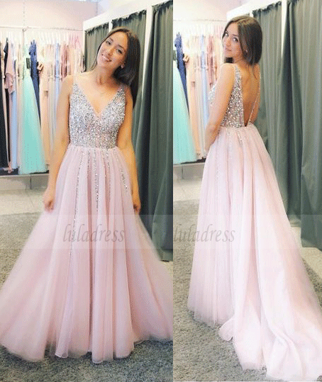 V-neck Neckline A-line Prom Dresses With Rhinestones