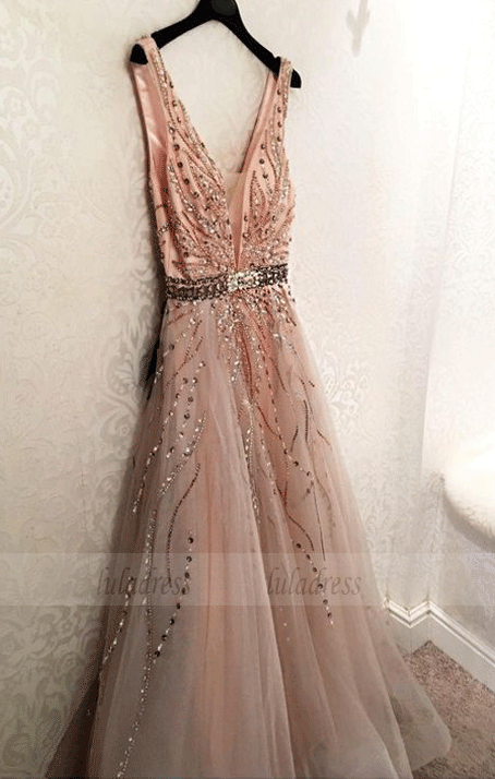 Gorgeous Tulle V-neck Neckline A-line Prom Dresses With Beading