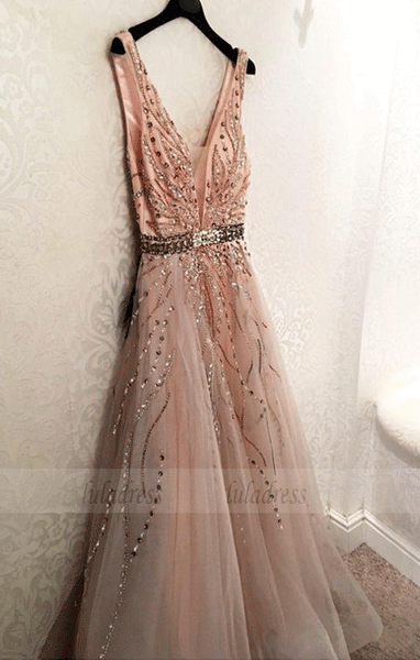 Gorgeous Tulle V-neck Neckline A-line Prom Dresses With Beading,BD98602