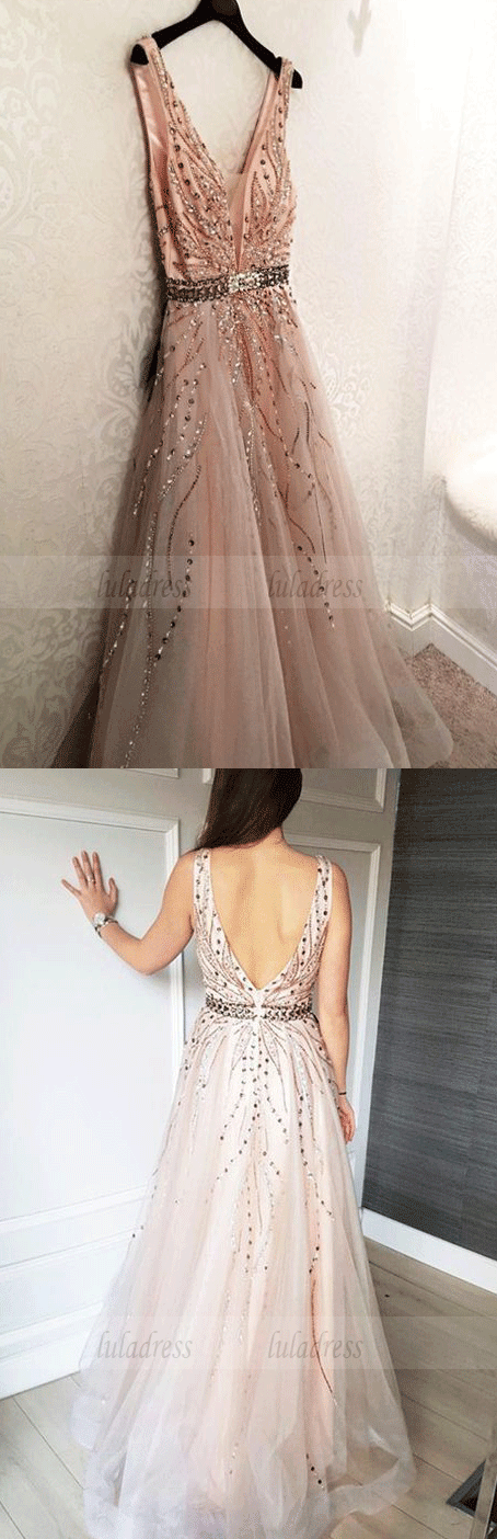 Gorgeous Tulle V-neck Neckline A-line Prom Dresses With Beading