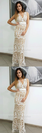 V-Neck Sleeveless Floor-Length White Lace Prom Dresses