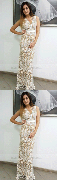 V-Neck Sleeveless Floor-Length White Lace Prom Dress,BD98549