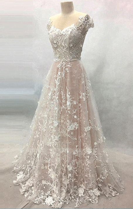 long cap sleeves formal prom dress, long lace evening dress