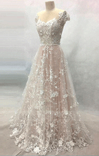 long cap sleeves formal prom dress, long lace evening dress