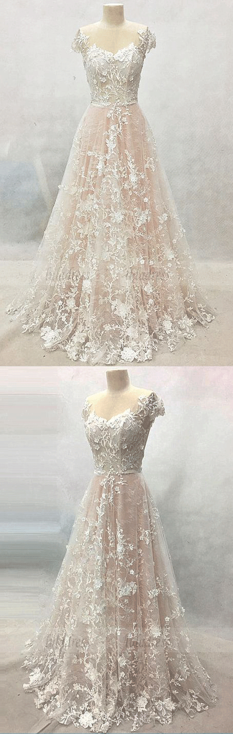 long cap sleeves formal prom dress, long lace evening dress