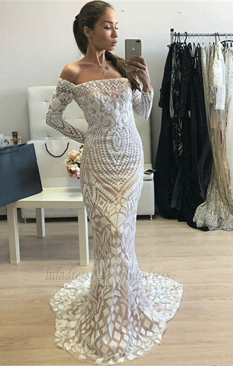 Mermaid Off-the-Shoulder Long Sleeves White Lace Prom Dress,BD99326