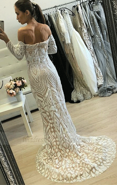 Mermaid Off-the-Shoulder Long Sleeves White Lace Prom Dress,BD99326