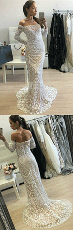 Mermaid Off-the-Shoulder Long Sleeves White Lace Prom Dress