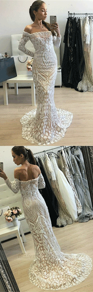 Mermaid Off-the-Shoulder Long Sleeves White Lace Prom Dress,BD99326