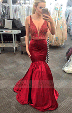 Elegant V-neck Mermaid Red Long Prom Dress Evening Dress