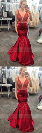 Elegant V-neck Mermaid Red Long Prom Dress Evening Dress