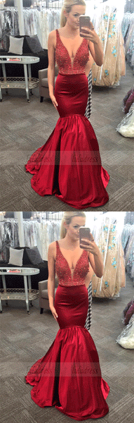 Elegant V-neck Mermaid Red Long Prom Dress Evening Dress,BD99334