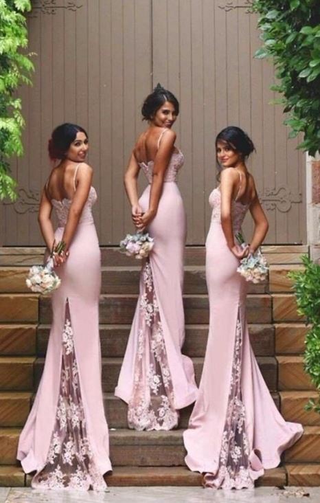 Gorgeous Spaghetti Straps Mermaid Lace Backless Long Bridesmaid Dress
