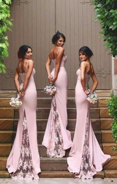 Gorgeous Spaghetti Straps Mermaid Lace Backless Long Bridesmaid Dress, BW97690
